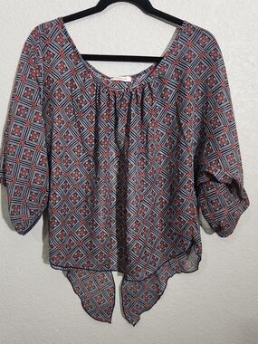 Vivace Geometric Scoop-Neck Blouse Red Blue Tie Lightweight USA made
